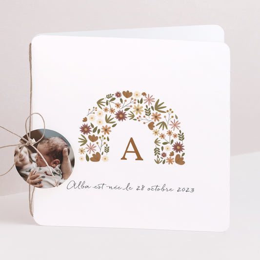 Faire-part Naissance Carré double volet, coins arrondis, étiquette ronde Arc en fleurs Automnal photo