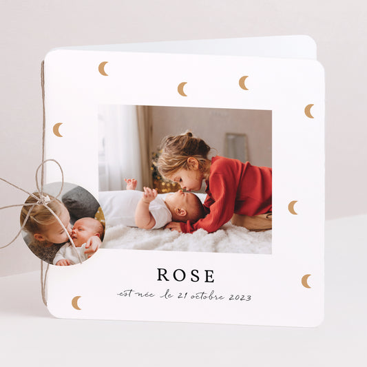 Faire-part Naissance Carré double volet, coins arrondis, étiquette ronde Clair de Lune photo