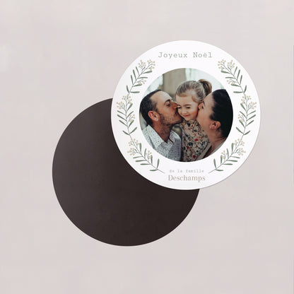 Carte de Noel Fin d'année Lot de 8, magnétique, rond, Ø 10cm Brin flocon et boule photo N° 2