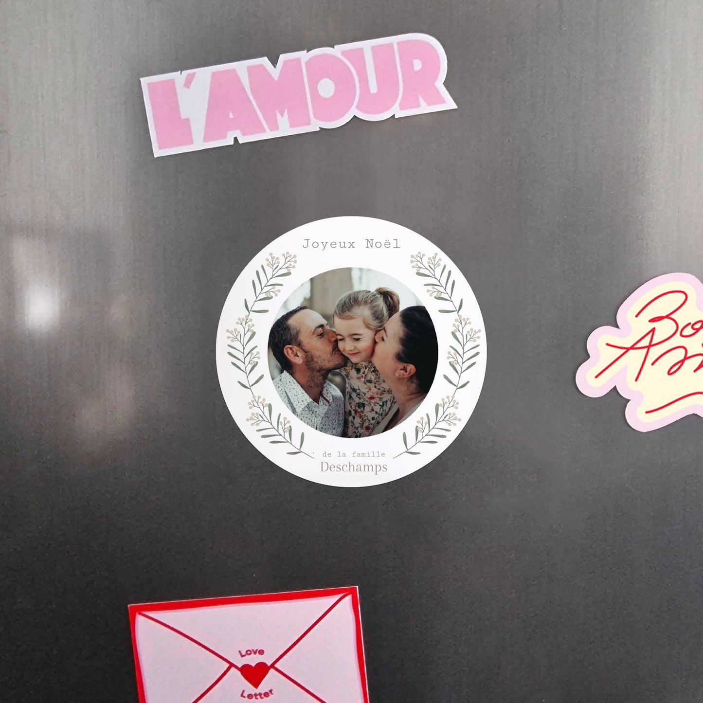 Carte de Noel Fin d'année Lot de 8, magnétique, rond, Ø 10cm Brin flocon et boule photo N° 4