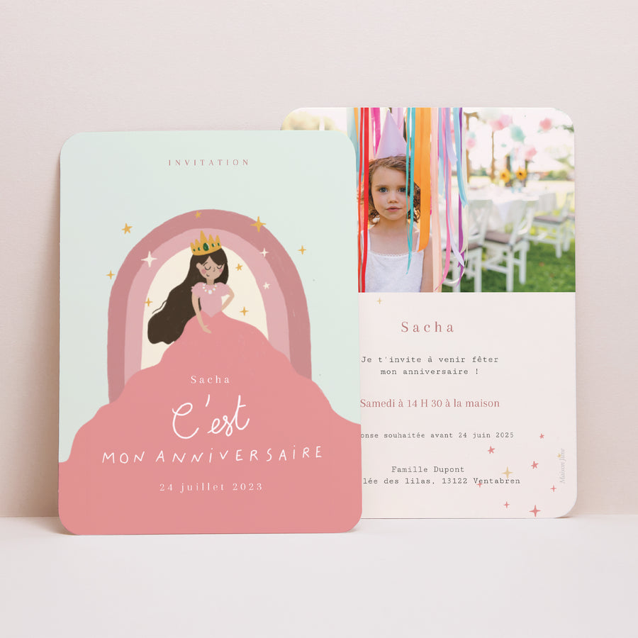 Invitations Anniversaire Enfant Portrait, bords arrondis Princesse Arc-en-ciel photo