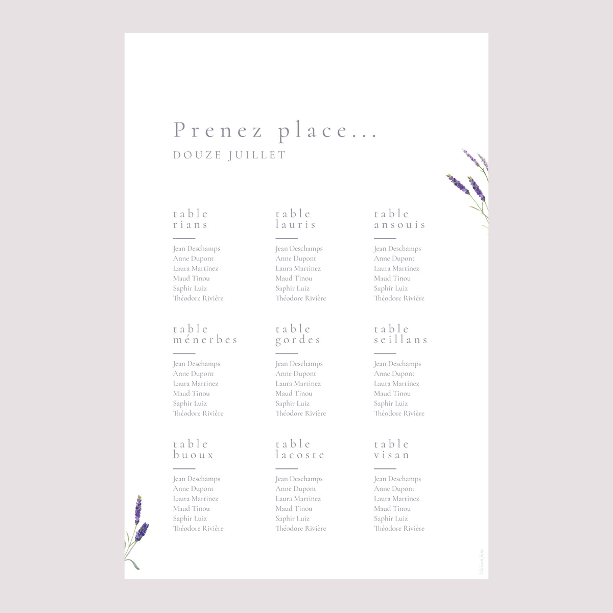 Plan de table Mariage Portrait 60 x 90 cm Lavande aquarelle photo N° 2