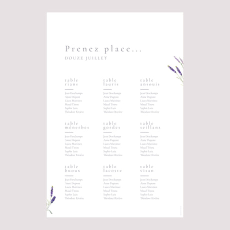 Plan de table Mariage Portrait 60 x 90 cm Lavande aquarelle