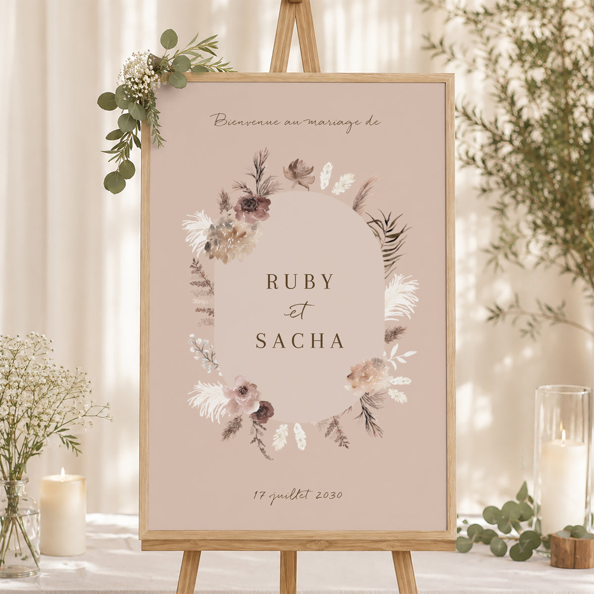 Panneau bienvenue Mariage Portrait 60 x 90 cm Bohème floral photo N° 1