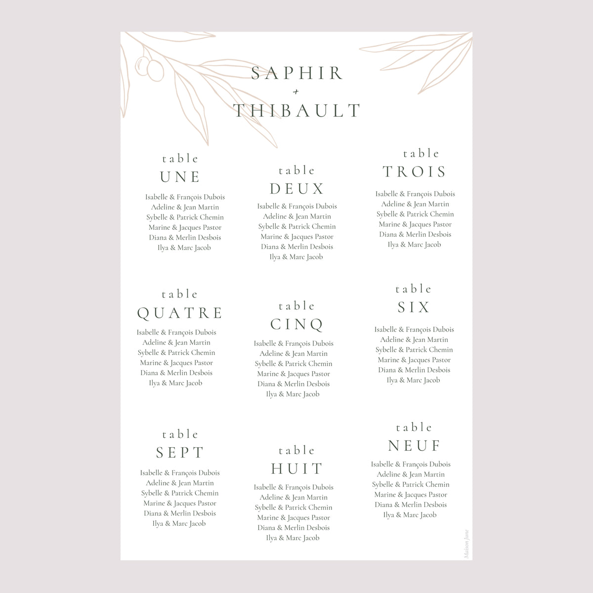 Plan de table Mariage Portrait L'union de l'olivier photo N° 2