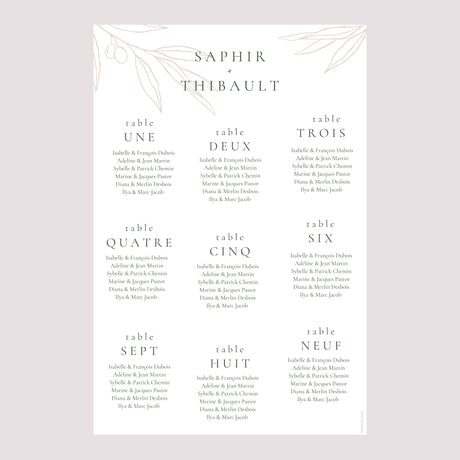 Plan de table Mariage Portrait L'union de l'olivier