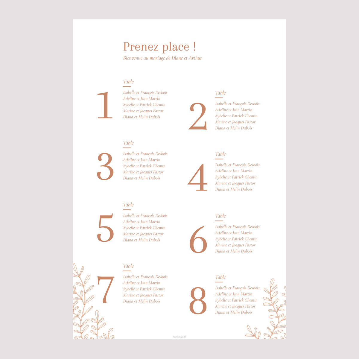 Plan de table Mariage Portrait Végétal Corail photo N° 2