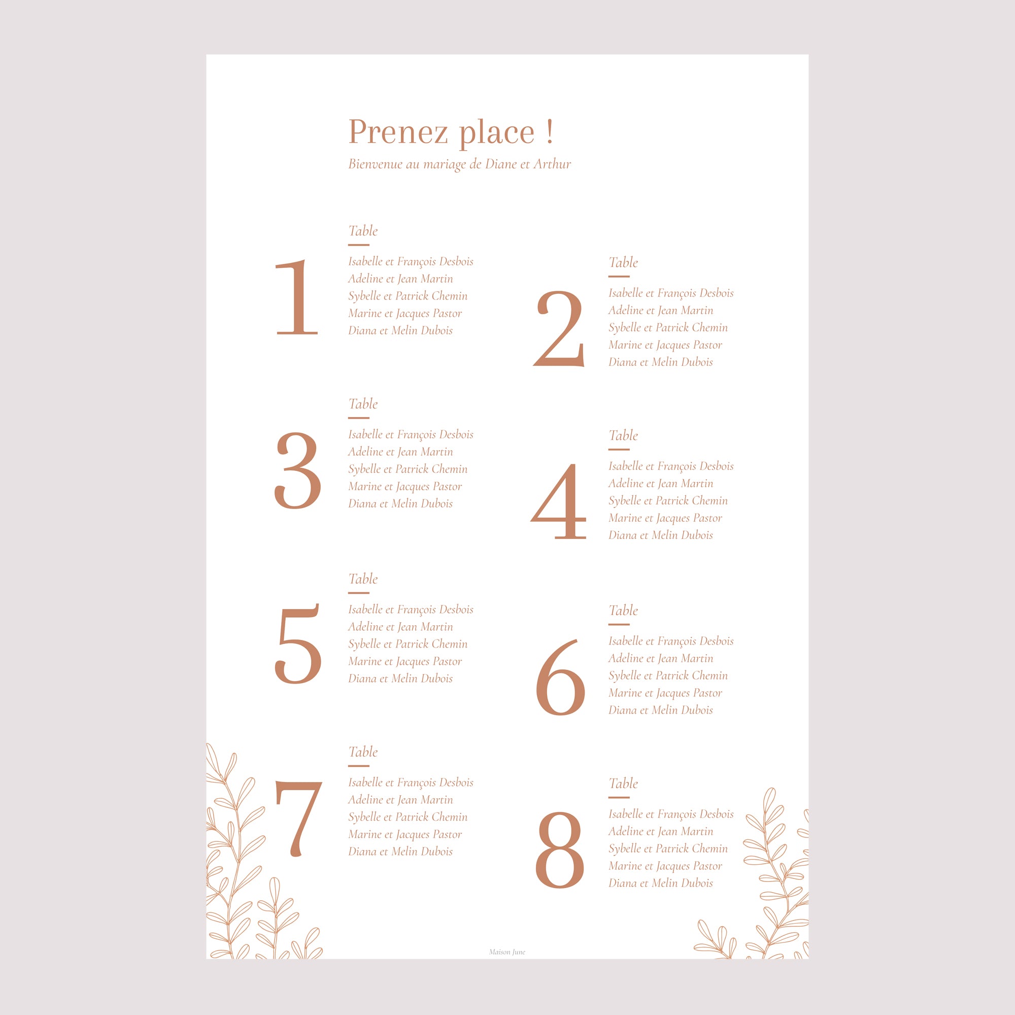 Plan de table Mariage Portrait Végétal Corail photo N° 2