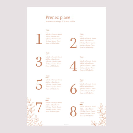 Plan de table Mariage Portrait Végétal Corail