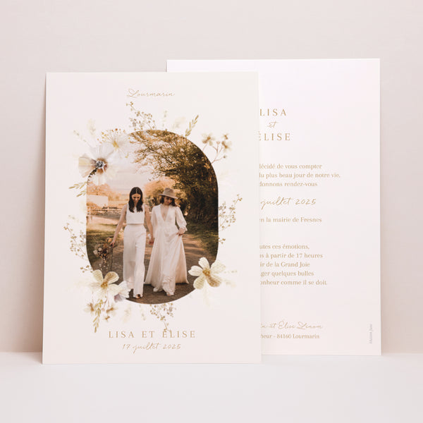 Faire-part Mariage Grand format rectangle Bohème crème photo