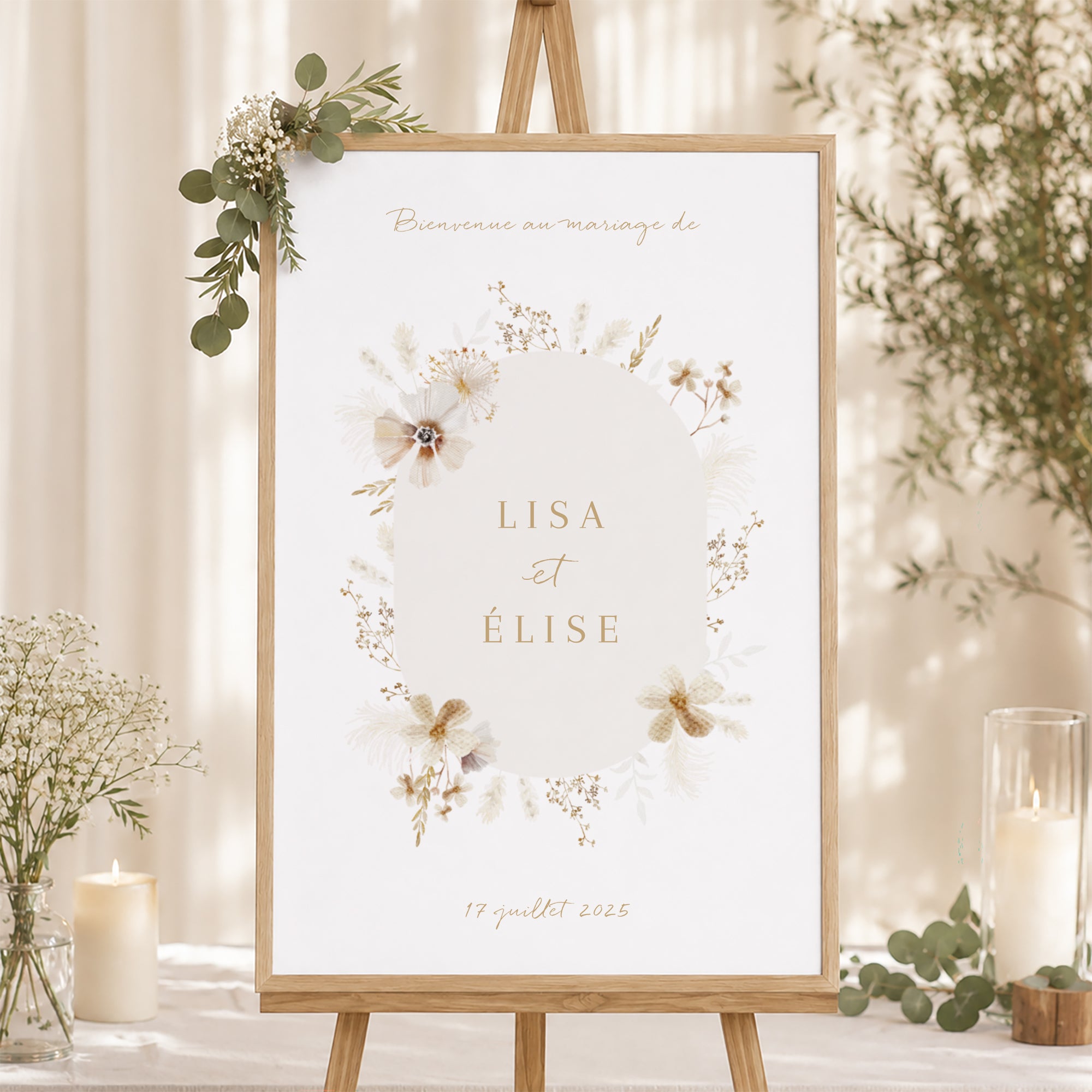 Panneau bienvenue Mariage Portrait 60 x 90 cm Bohème crème photo N° 1