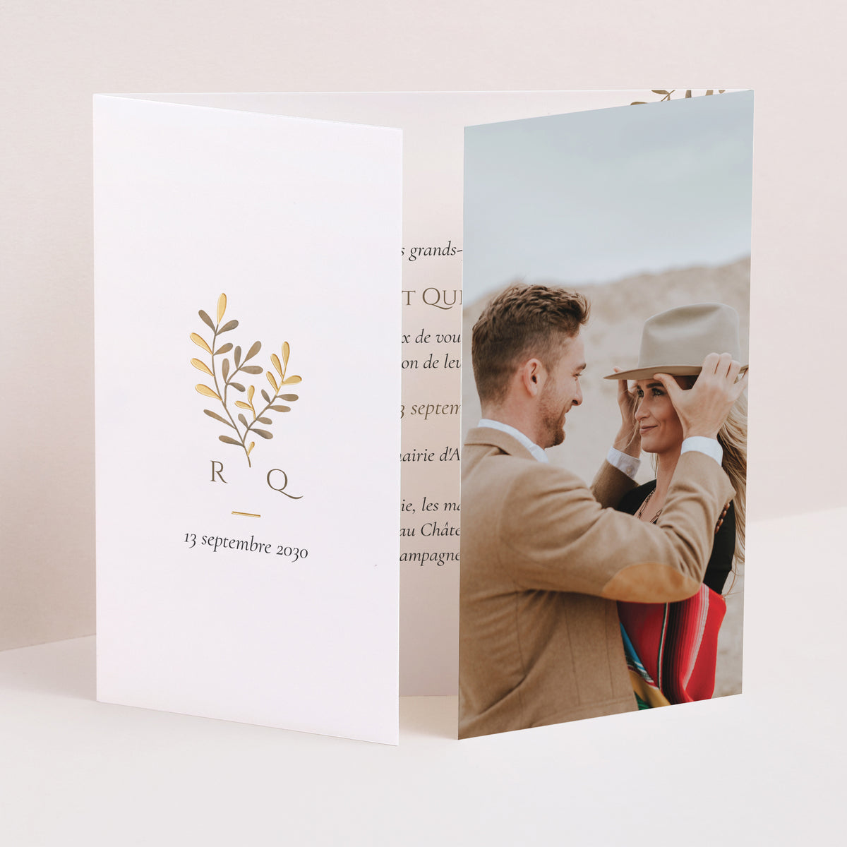 Faire-part Mariage Triptyque ouverture fenêtre Végétal sépia doré photo