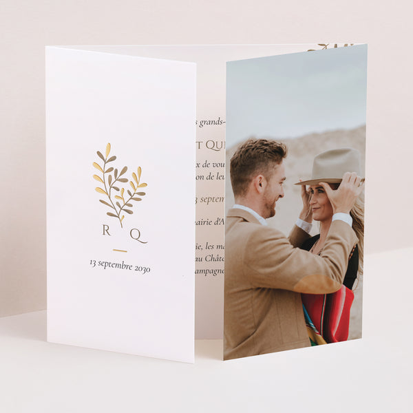 Faire-part Mariage Triptyque ouverture fenêtre Végétal sépia doré photo