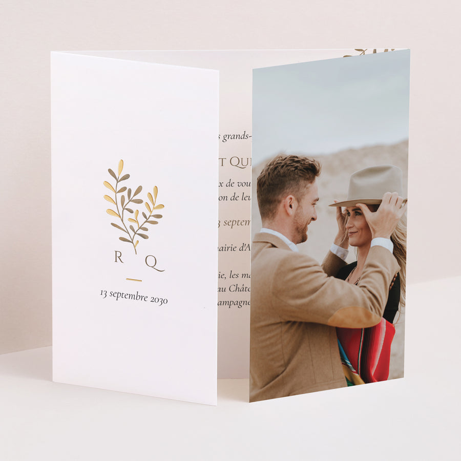 Faire-part Mariage Triptyque ouverture fenêtre Végétal sépia doré photo