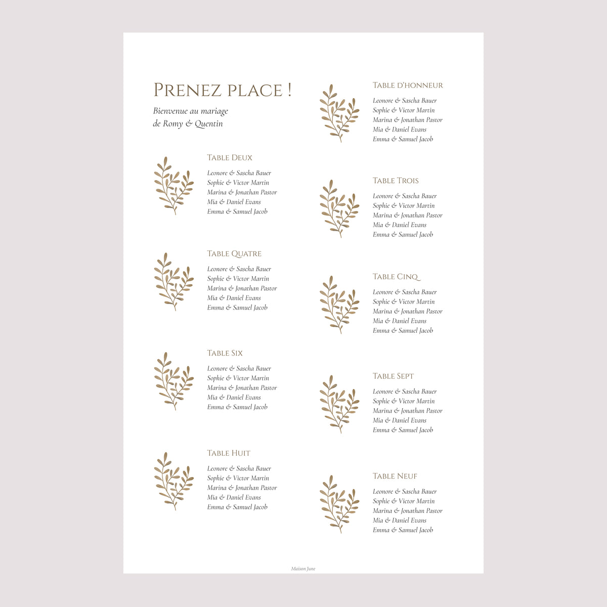 Plan de table Mariage Portrait Végétal sépia doré photo N° 2