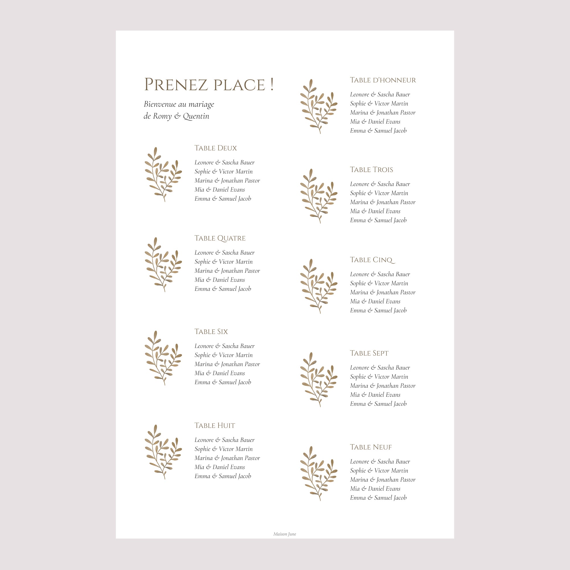 Plan de table Mariage Portrait Végétal sépia doré photo N° 2