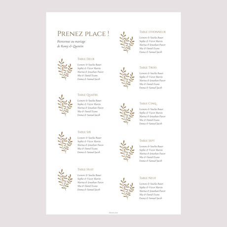 Plan de table Mariage Portrait Végétal sépia doré