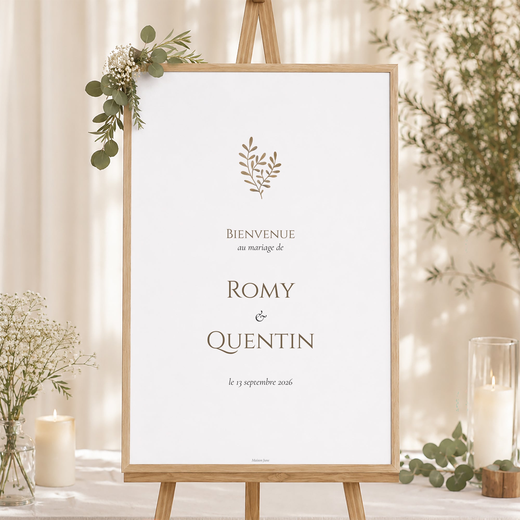 Panneau bienvenue Mariage Portrait 60 x 90 cm Végétal sépia doré photo N° 1