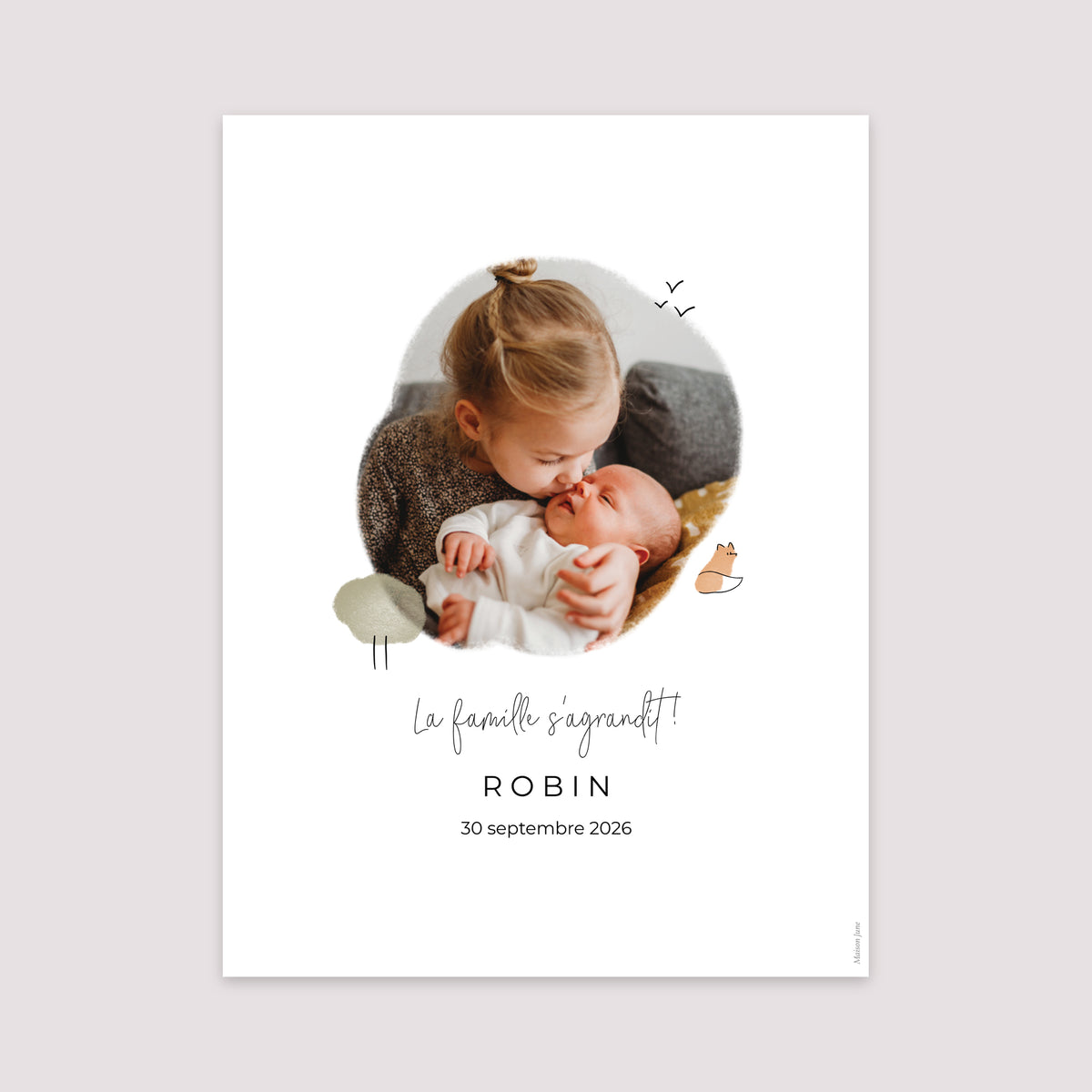 Affiche Naissance Portrait 30 x 40 cm Renard crayonné photo N° 2