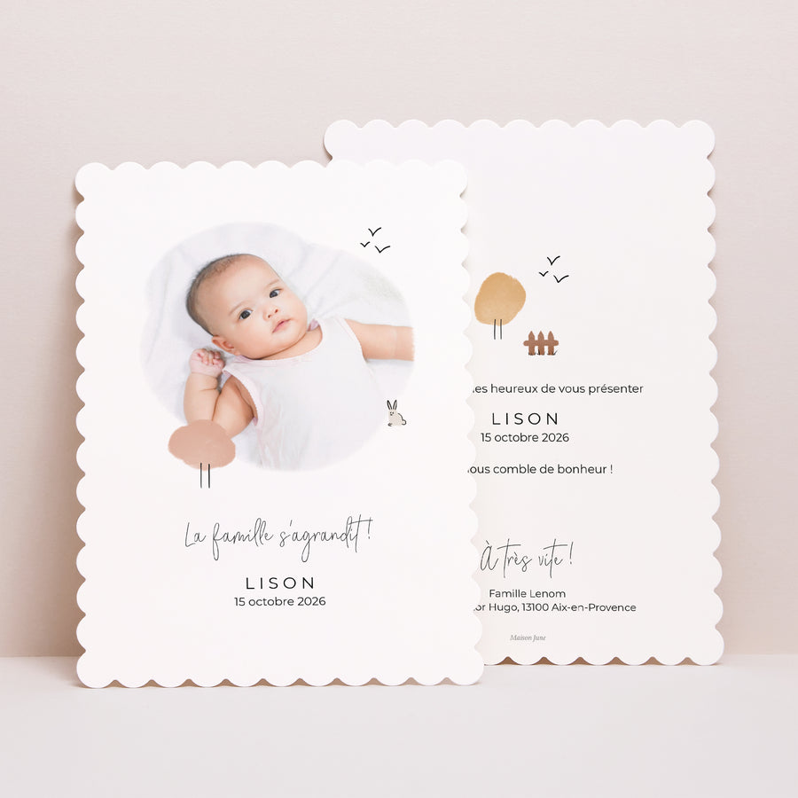 Faire-part Naissance Portrait, bords biscuit Lapin crayonné photo