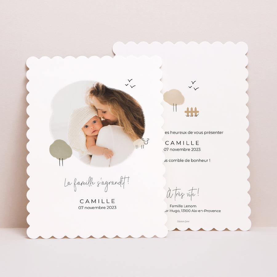 Faire-part Naissance Portrait, bords biscuit Mouton crayonné photo