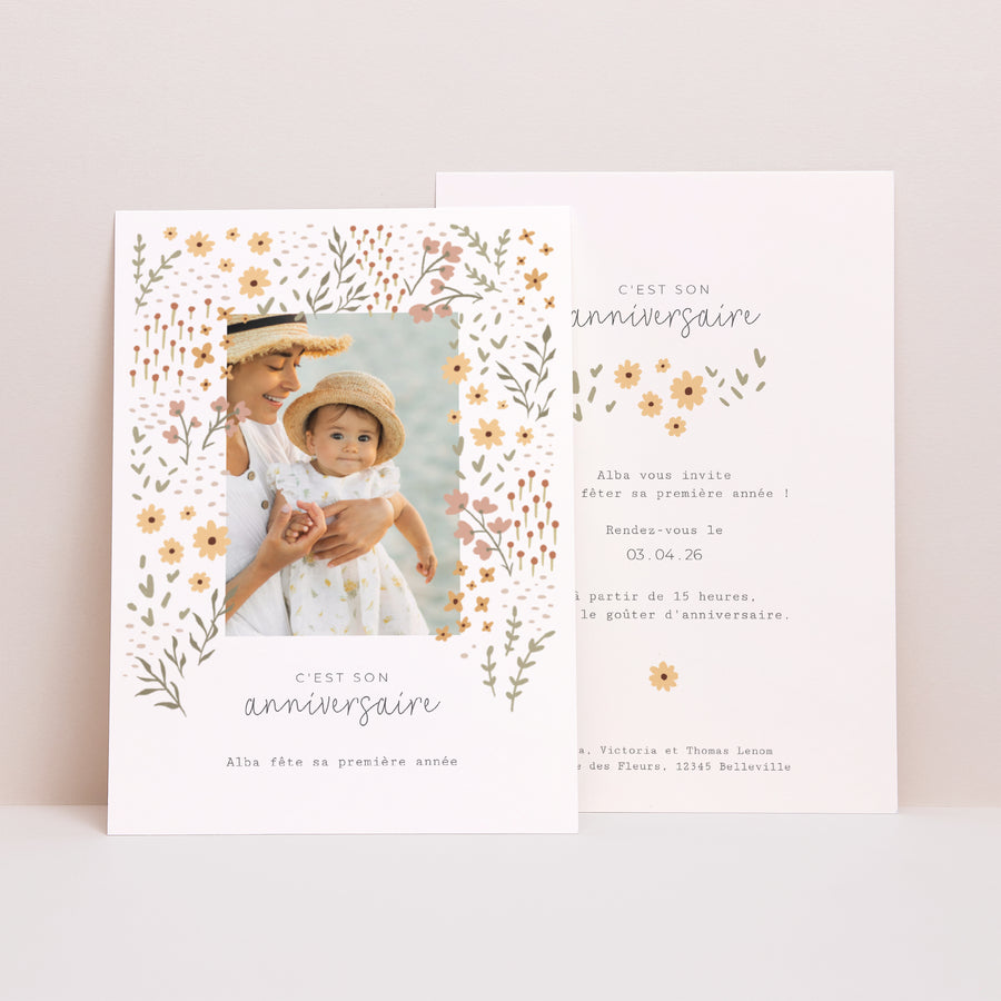 Invitations Anniversaire Enfant Portrait Thème Floral photo