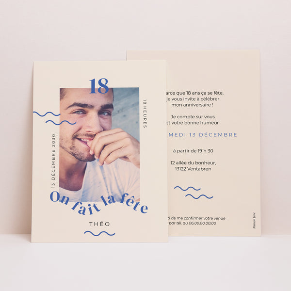 Invitations Anniversaire Adulte Portrait Garçon Typo photo, 18 ans photo