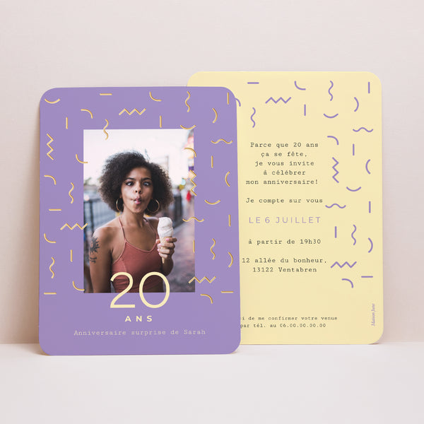 Invitations Anniversaire Adulte Portrait, bords arrondis Confettis Dorés photo