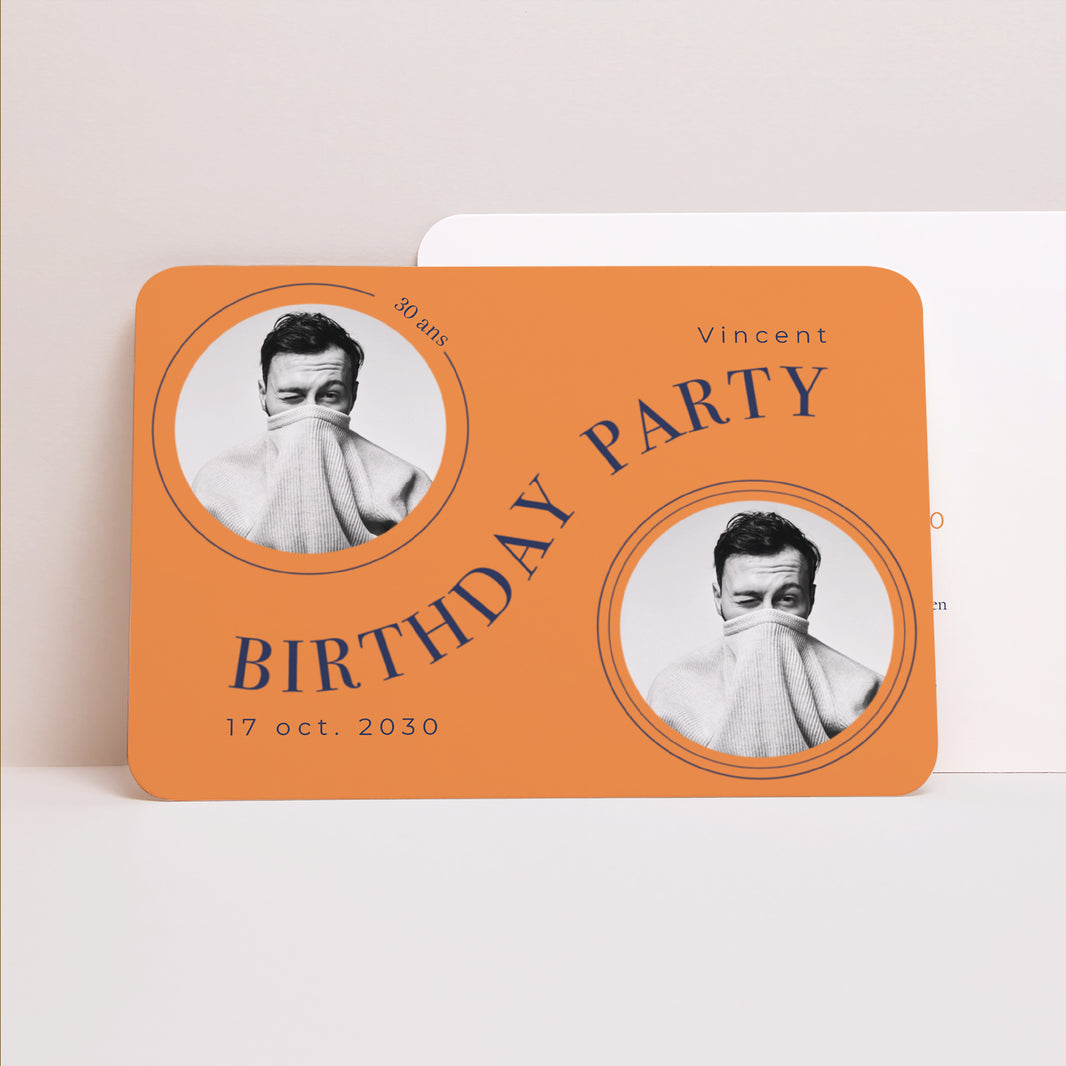 Invitations Anniversaire Adulte Paysage, bords arrondis Orange Flashy Party, Homme, 2 photos photo N° 1