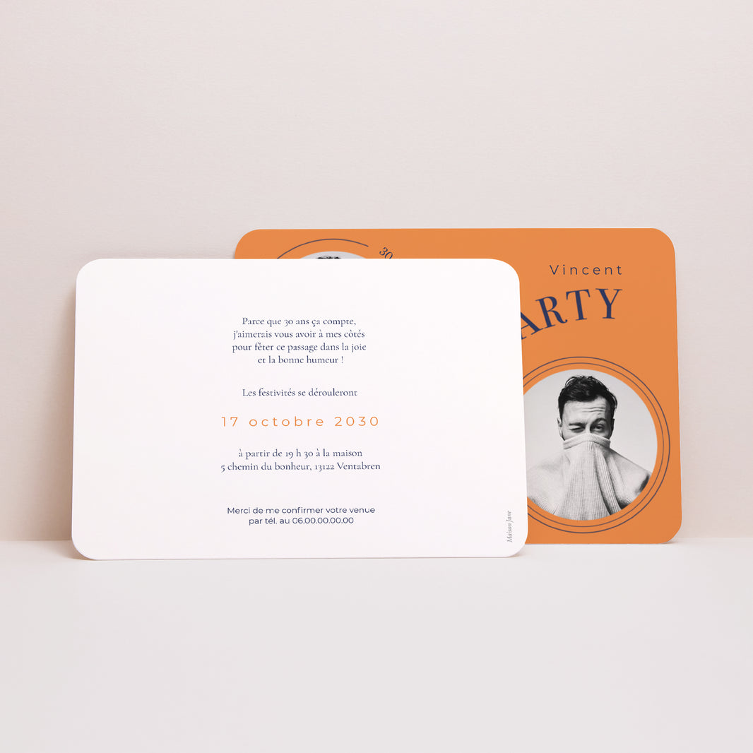 Invitations Anniversaire Adulte Paysage, bords arrondis Orange Flashy Party, Homme, 2 photos photo N° 2