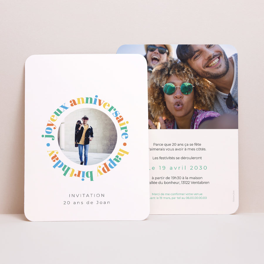 Invitations Anniversaire Adulte Portrait, bords arrondis hommes rond multicolore photo