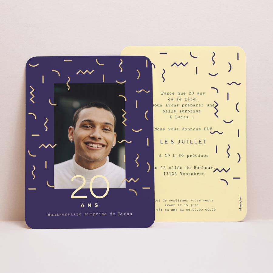 Invitations Anniversaire Adulte Portrait, bords arrondis Confettis Dorés Pop photo