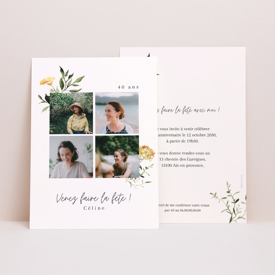 Invitations Anniversaire Adulte Portrait Multiphotos floral photo