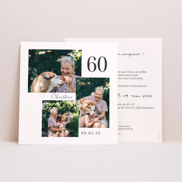 Invitations Anniversaire Adulte Carré Photomontage 3 photos, 60 ans photo
