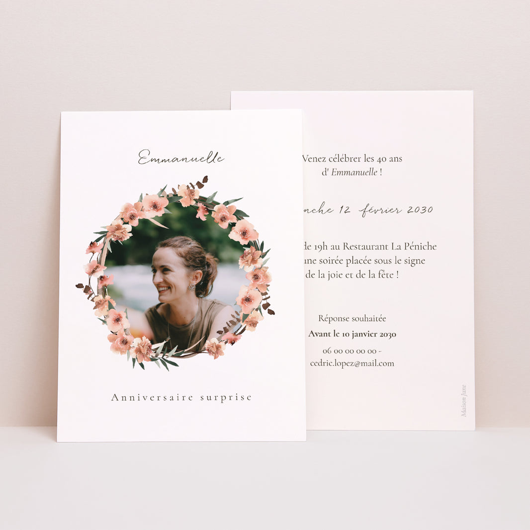 Invitations Anniversaire Adulte Portrait Couronne de fleurs photo N° 1