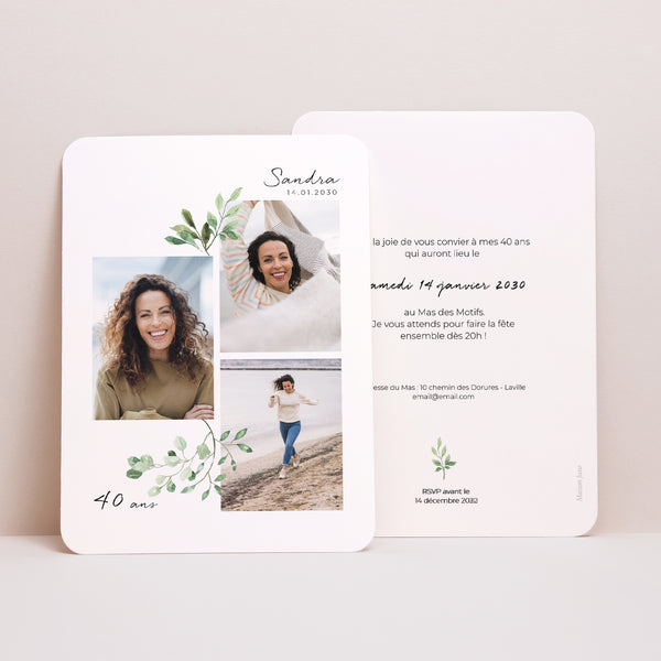 Invitations Anniversaire Adulte Portrait, bords arrondis Trio Végétal photo