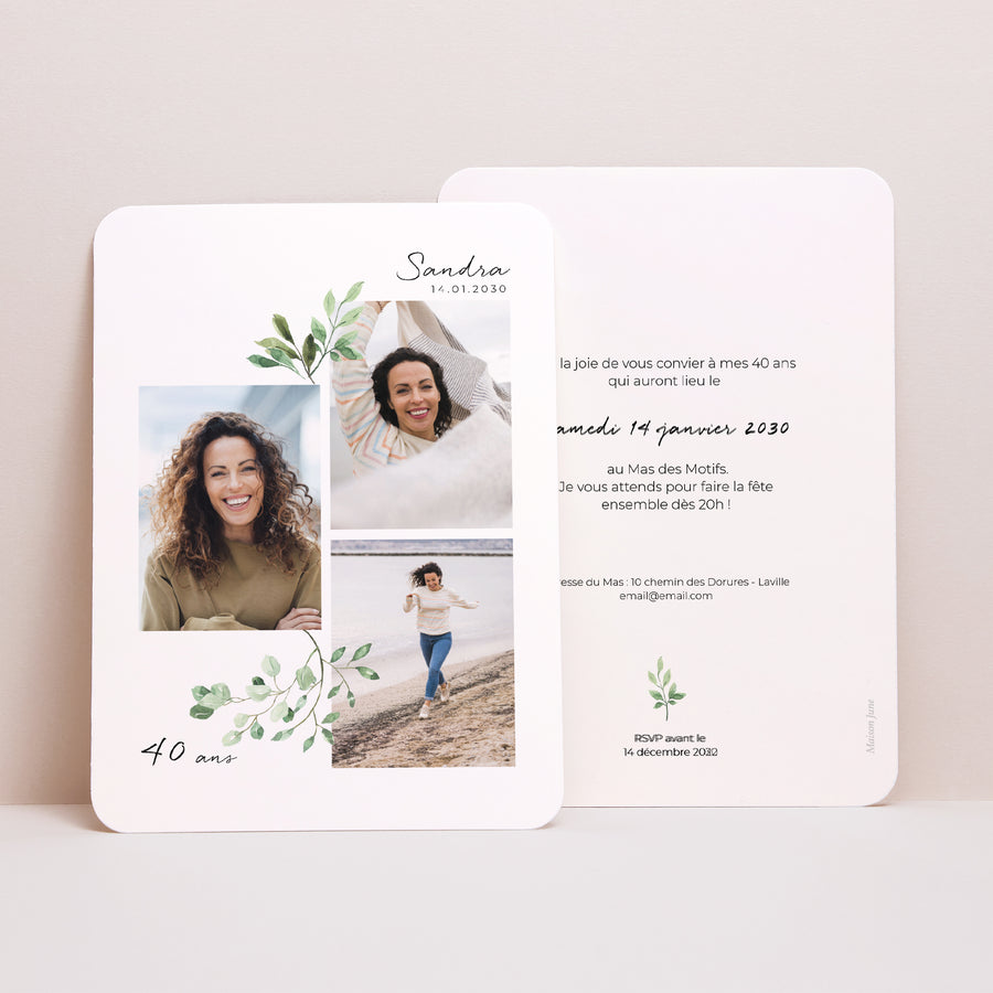 Invitations Anniversaire Adulte Portrait, bords arrondis Trio Végétal photo