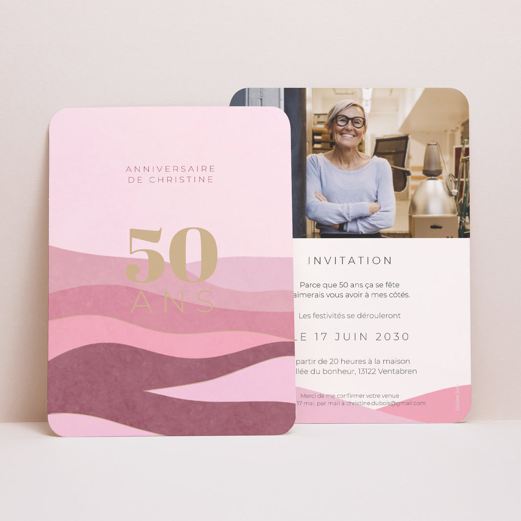 Invitations Anniversaire Adulte Portrait, bords arrondis Camaïeu Rose, 50 ans, recto-verso, coins arrondis photo N° 1