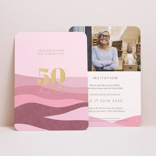 Invitations Anniversaire Adulte Portrait, bords arrondis Camaïeu Rose, 50 ans photo