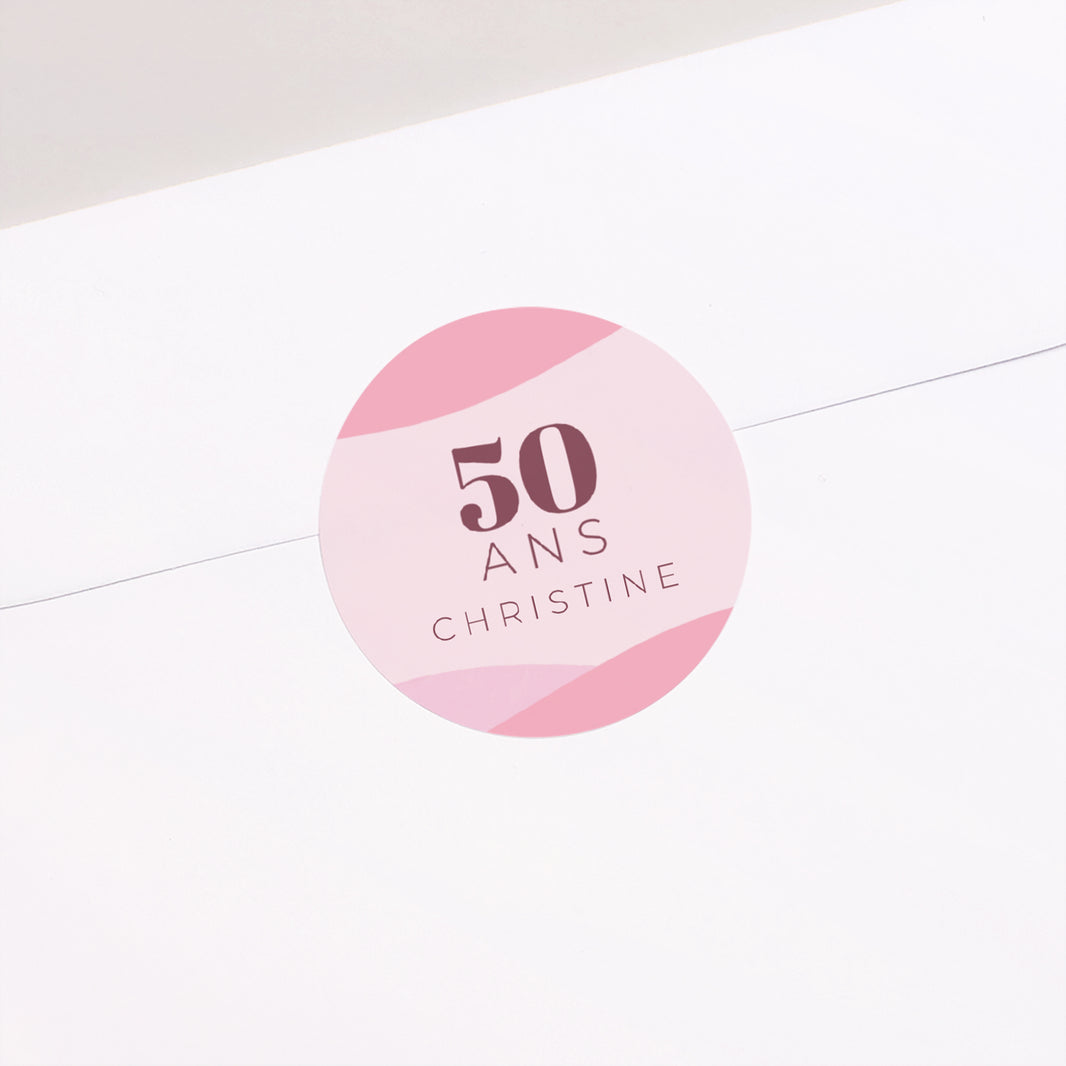 Sticker Anniversaire Adulte Rond Camaïeu Rose, 50 ans, recto-verso, coins arrondis photo N° 1