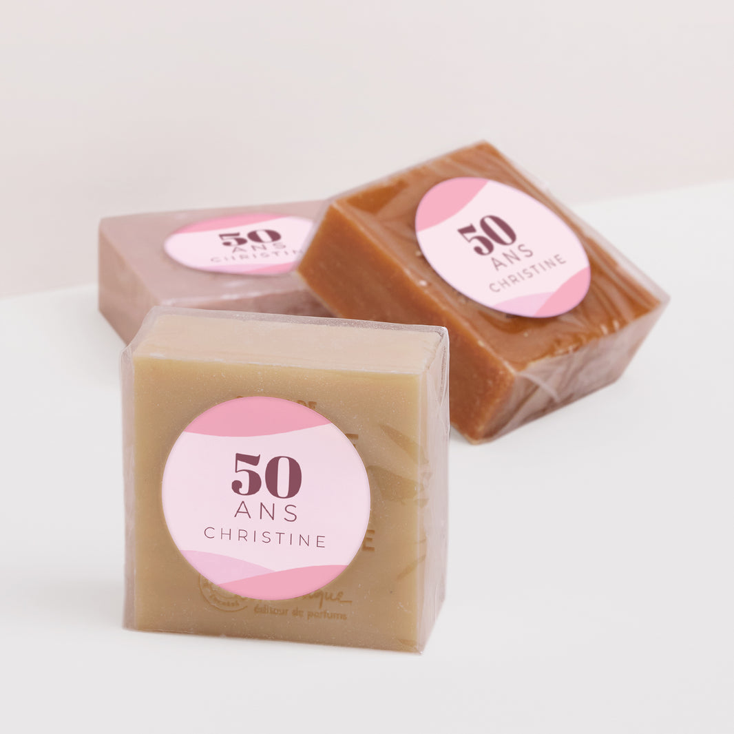 Sticker Anniversaire Adulte Rond Camaïeu Rose, 50 ans, recto-verso, coins arrondis photo N° 2