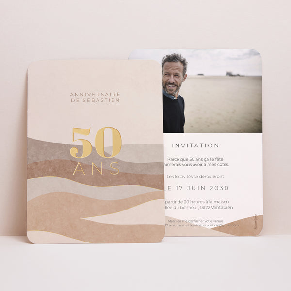 Invitations Anniversaire Adulte Portrait, bords arrondis Camaïeu Beige 50 ans photo