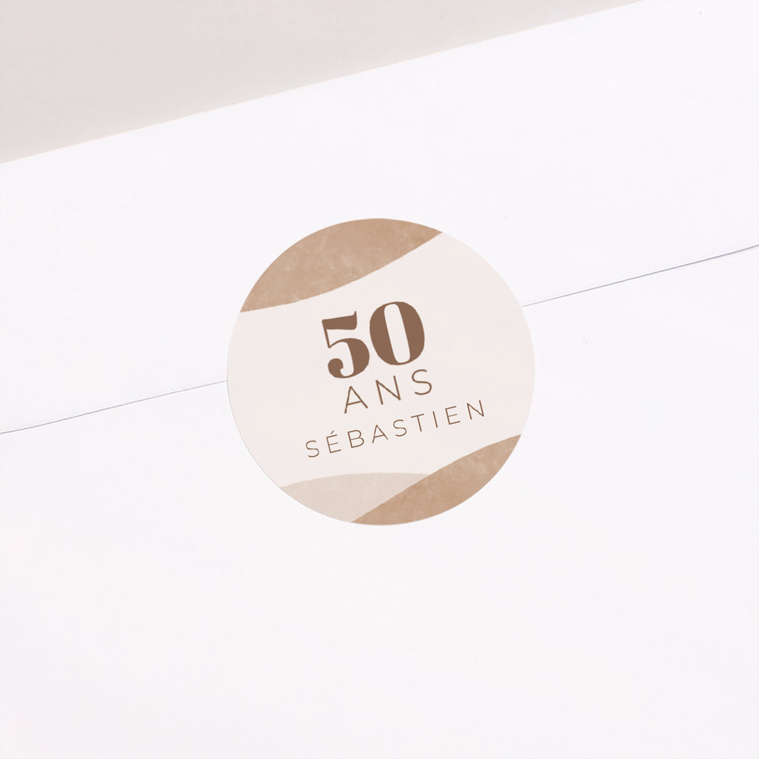 Sticker Anniversaire Adulte Rond Camaïeu Beige, 50 ans, recto-verso, coins arrondis photo N° 1