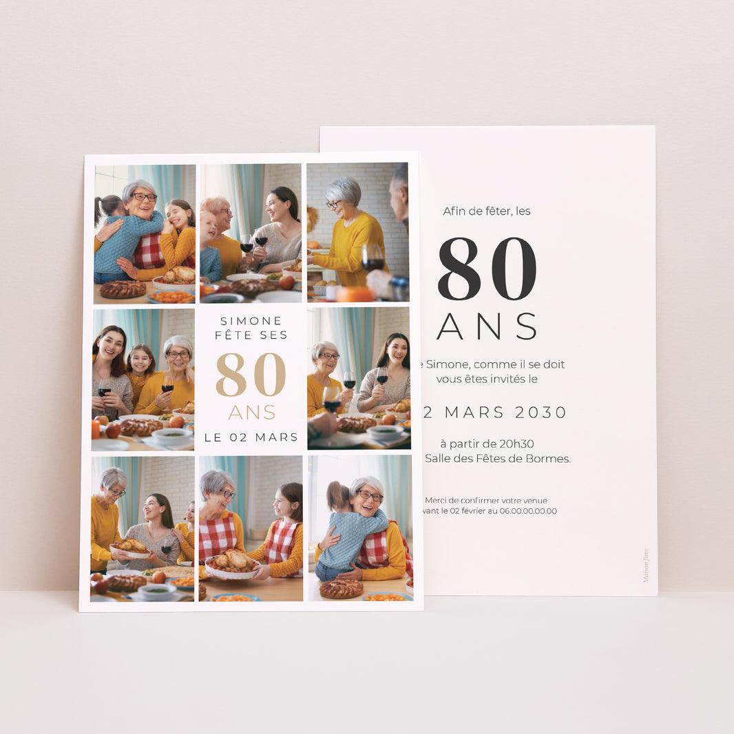 Invitations Anniversaire Adulte Portrait 8 Photos, 80 ans, rectangle recto-verso photo N° 1