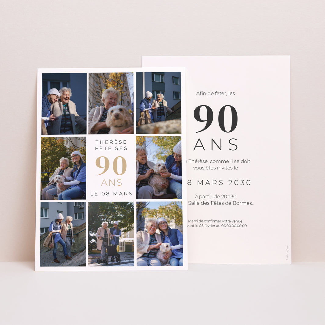 Invitations Anniversaire Adulte Portrait 8 Photos, 90 ans, rectangle recto-verso photo N° 1