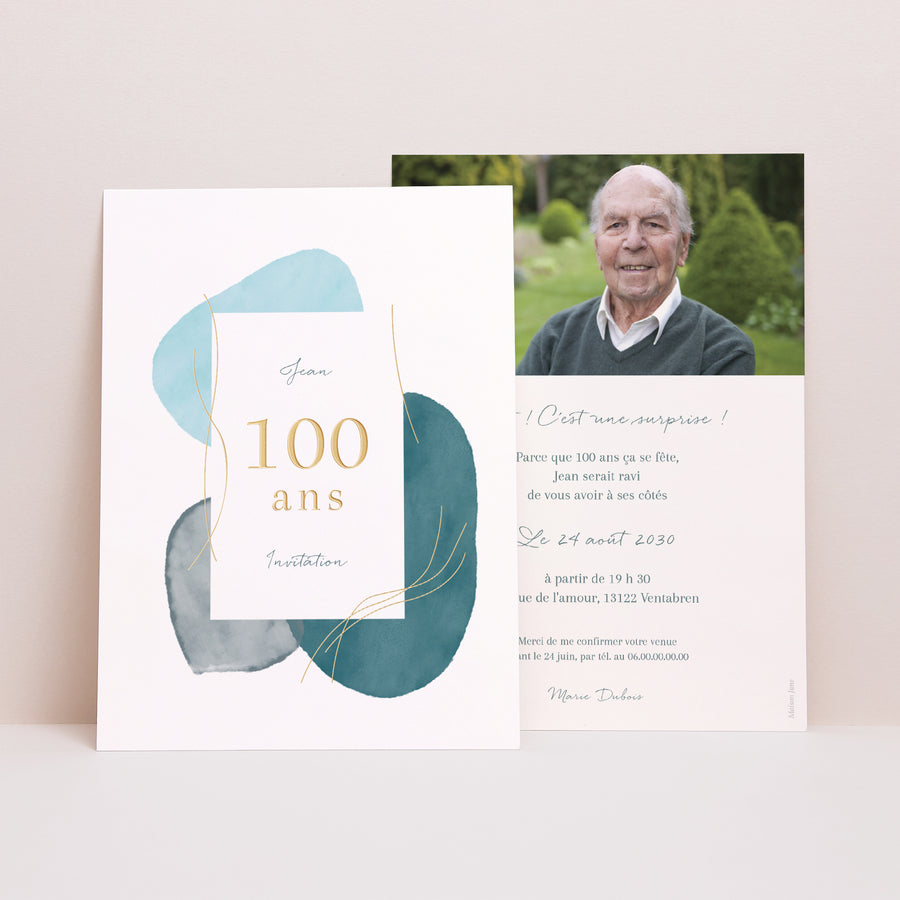 Invitations Anniversaire Adulte Portrait Bleu aquarelle, 100 ans homme photo