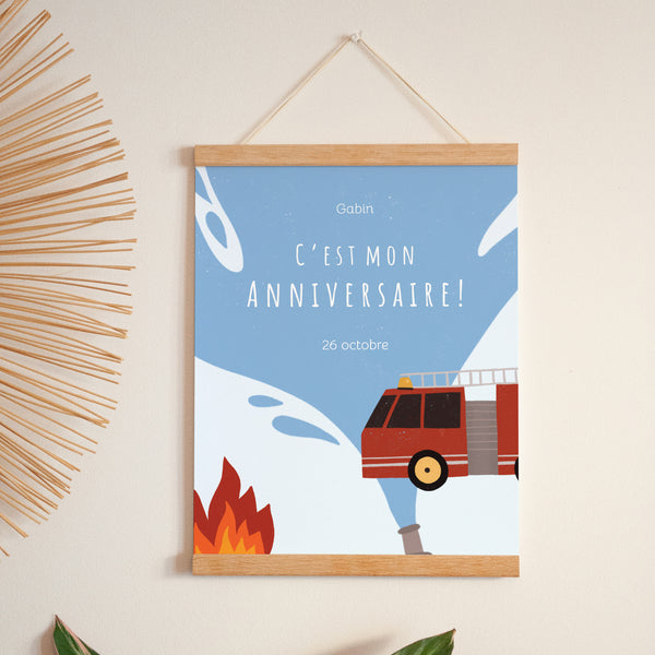 Affiche Anniversaire Enfant Portrait 30 x 40 cm Pompier en feu ! photo