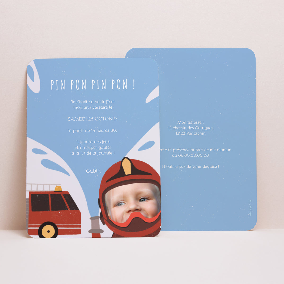 Invitations Anniversaire Enfant Portrait, bords arrondis Pompier en feu ! photo