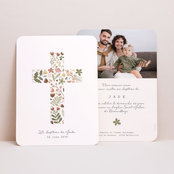 Faire-part Baptême Portrait, bords arrondis Croix Florale photo