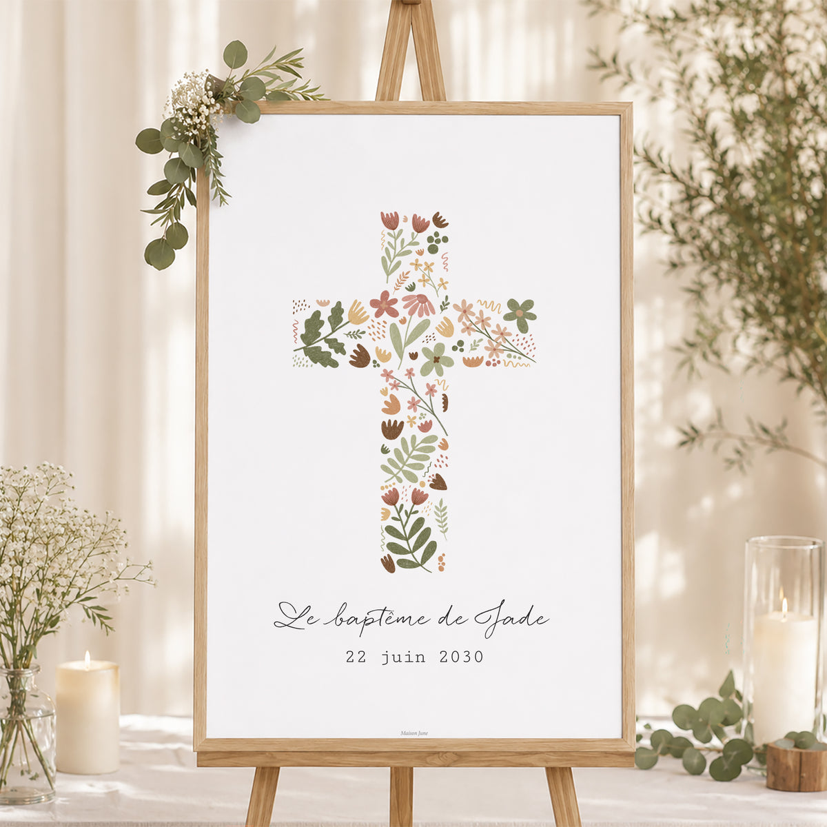 Panneau bienvenue Baptême Portrait 60 x 90 cm Croix Florale photo N° 1